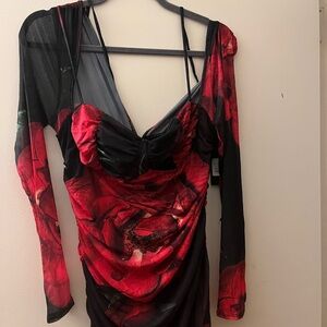 Fashion Nova Red and Black Asymmetrical Dress